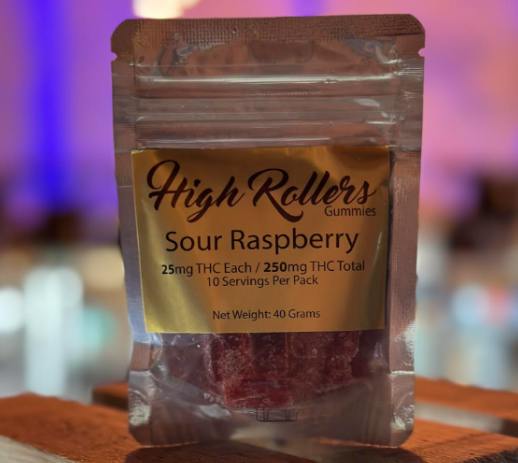 High Rollers - Gummies -/25mg/250mg - Sour Raspberry | Gummies | 10pk | 25m