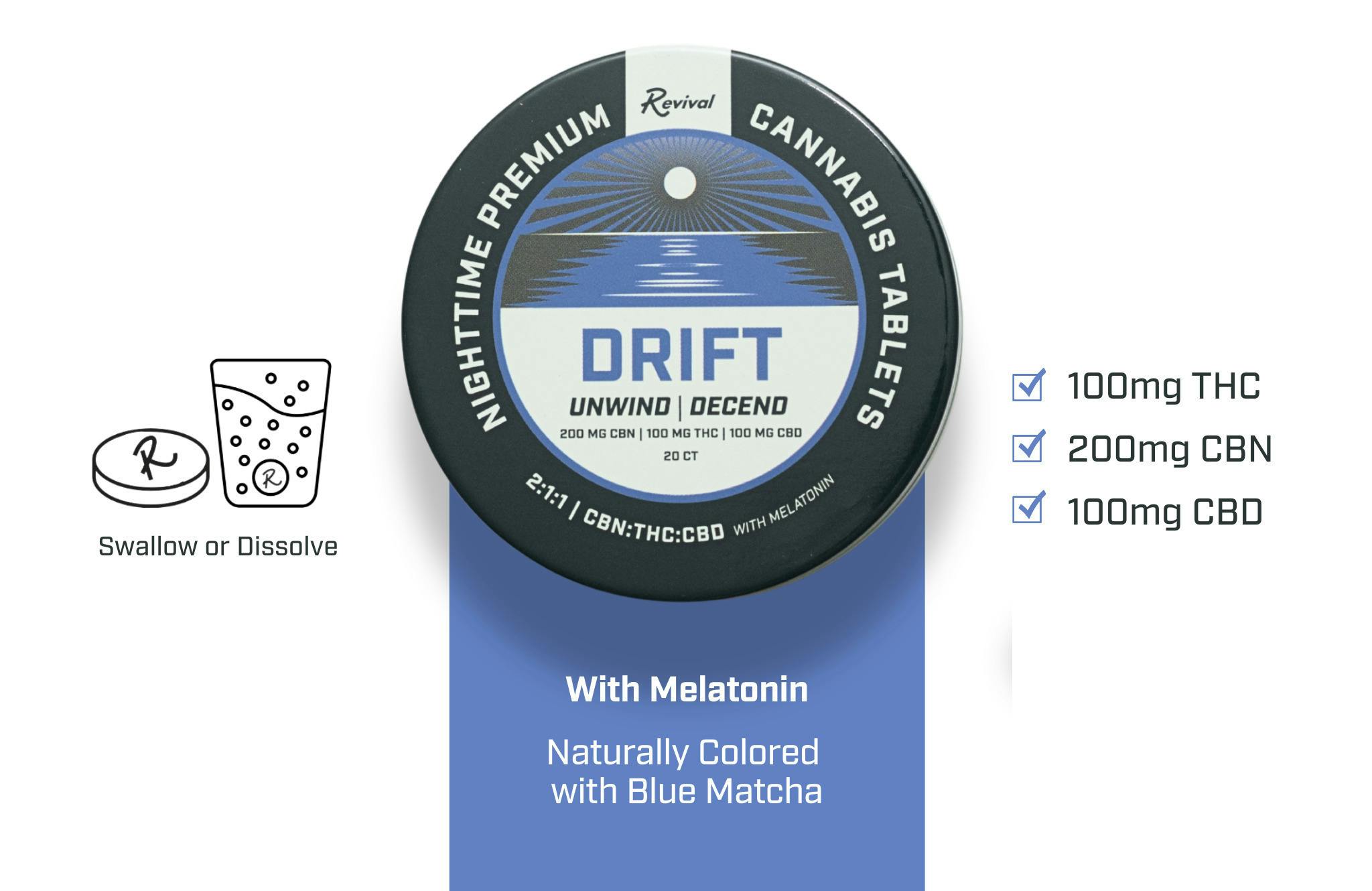 Drift l 2:1:1 CBN:THC:CBD Tablets With Melatonin l Revival | 20pk | 5mg/ea