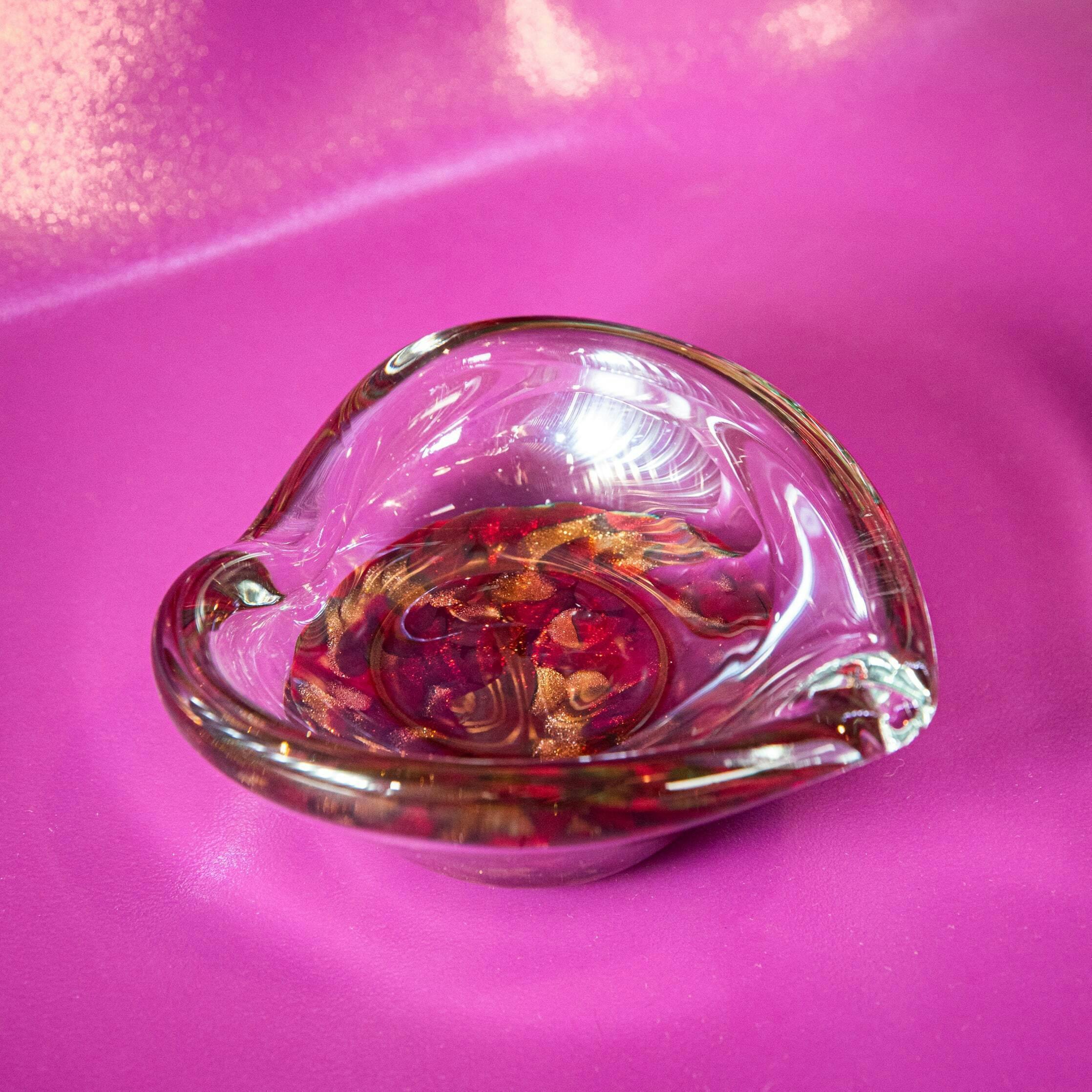 1970's Vintage Glass Art Gold & Red Ashtray | Accessories