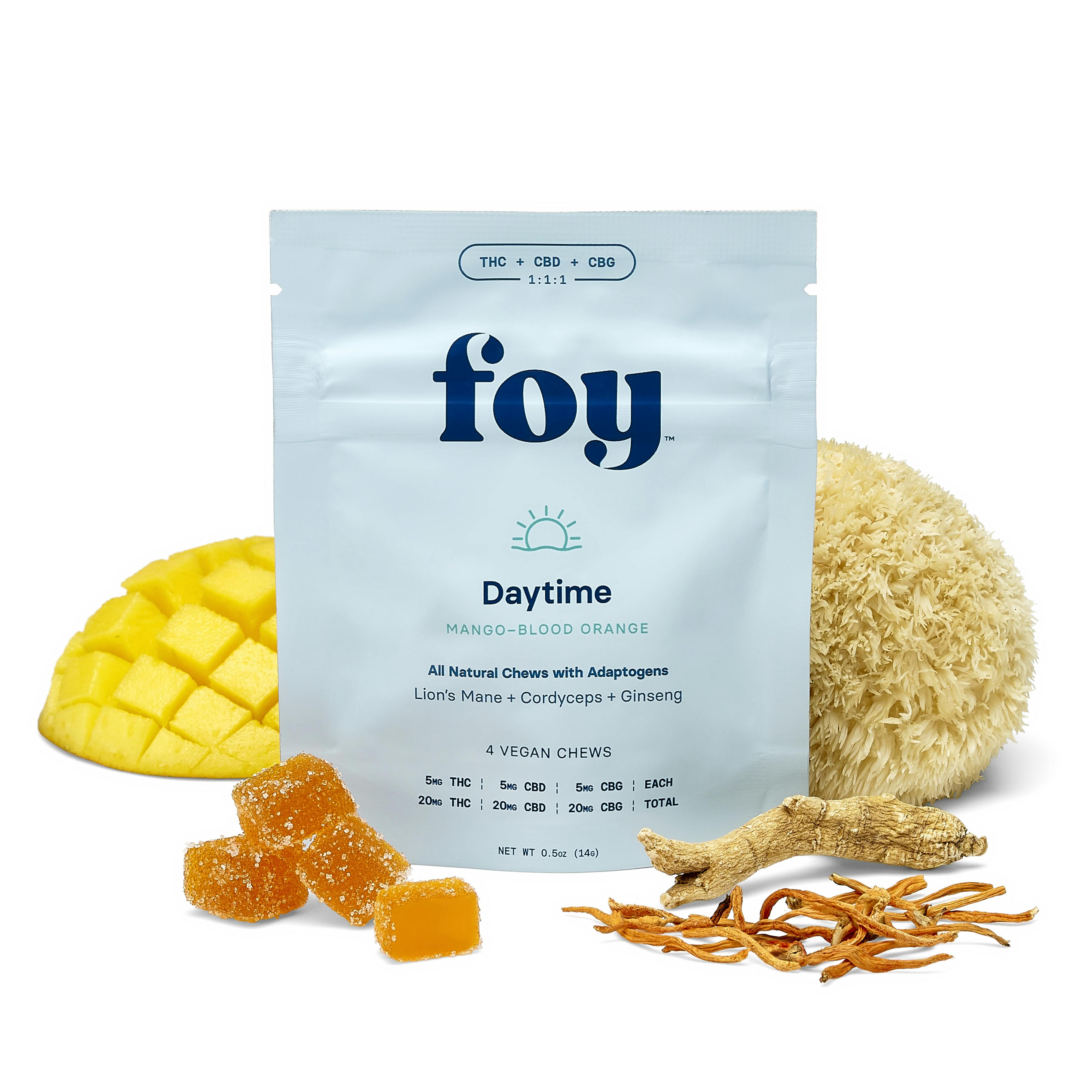 FOY | Daytime Chews | Mango | 5mg THC : 5mg CBD : 5mg CBG | | Gummies | 4pk at Just Breathe Finger Lakes
