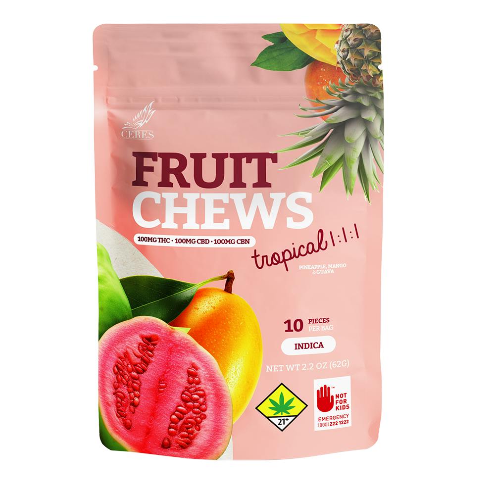 Tropical Assorted 1:1:1 Indica Fruit Chews | Gummies | 10pk | 10mg/ea