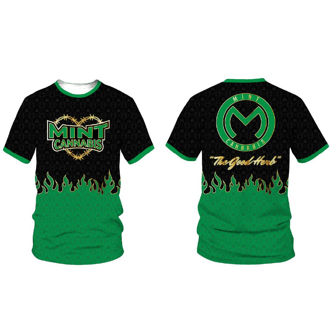 Sublimation Tshirt - Green Flames - M | Apparel | Shirts at Mint Cannabis - Gainesville
