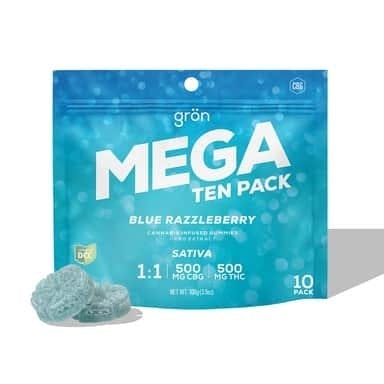 MEGA Blue Razzleberry 1:1 THC:CBD Gummies | 500mg | 10ct | 50mg/ea by Grön Edibles