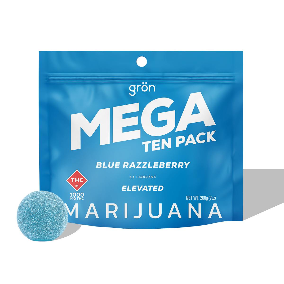 MEGA Blue Razzleberry 1:1 THC:CBD Gummies | 1000mg | 10ct | 100mg/ea by Grön Edibles