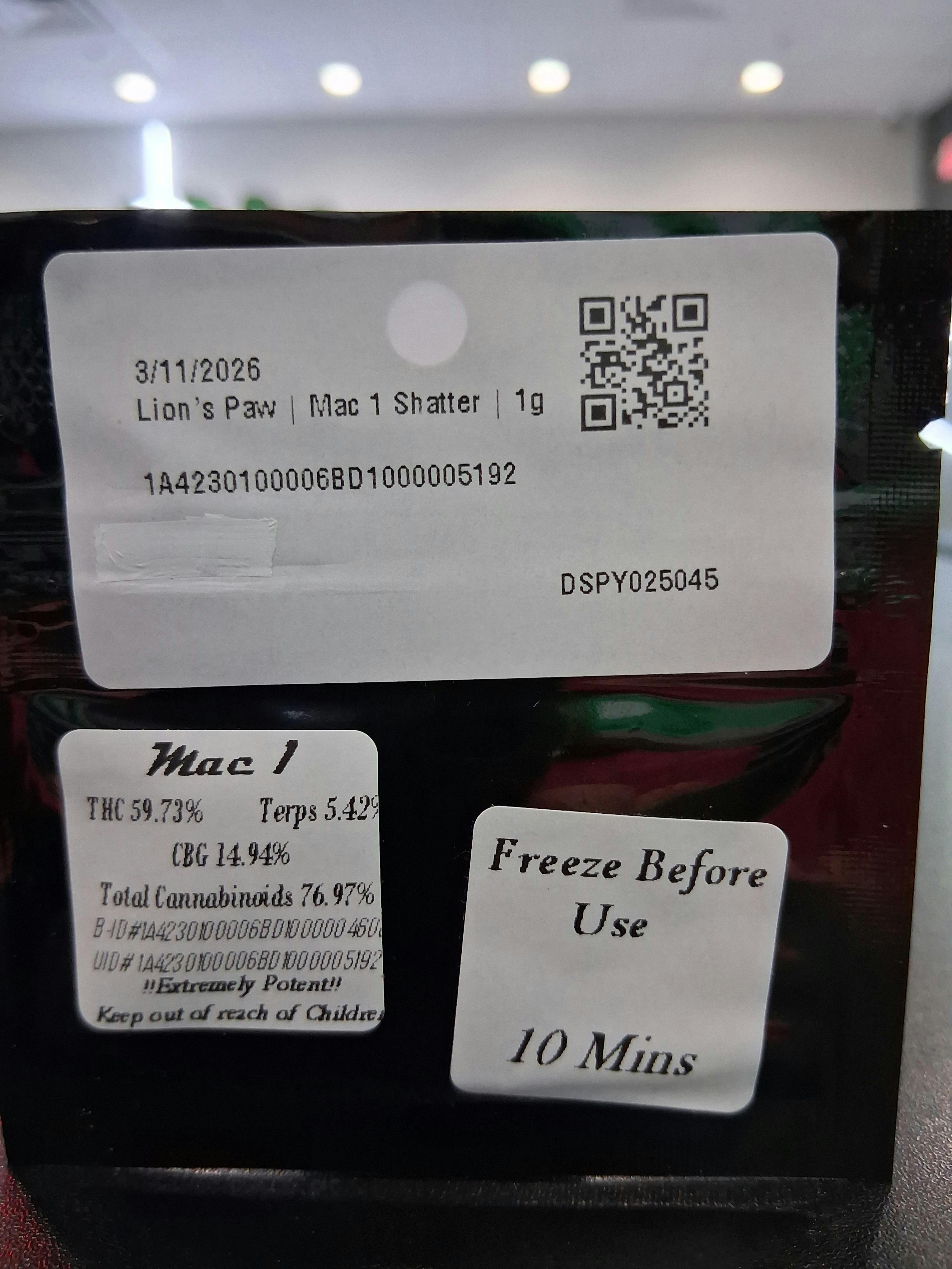 Mac 1 | Solvent | Shatter | 1g at DABBS Cannabis Dispensary
