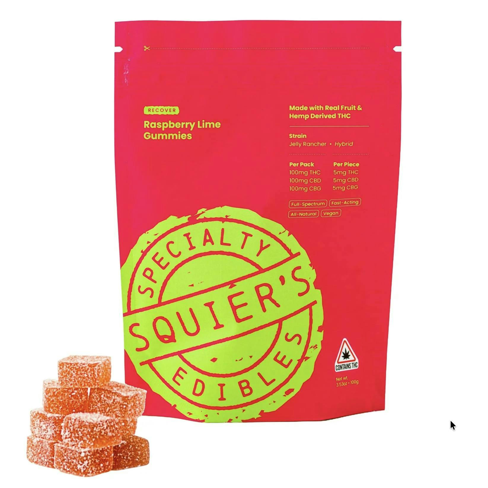 Raspberry Lime - 100mg THC / 100mg CBD / 100mg CBG Hash Rosin - Gummies by Squier's Specialty Edibles
