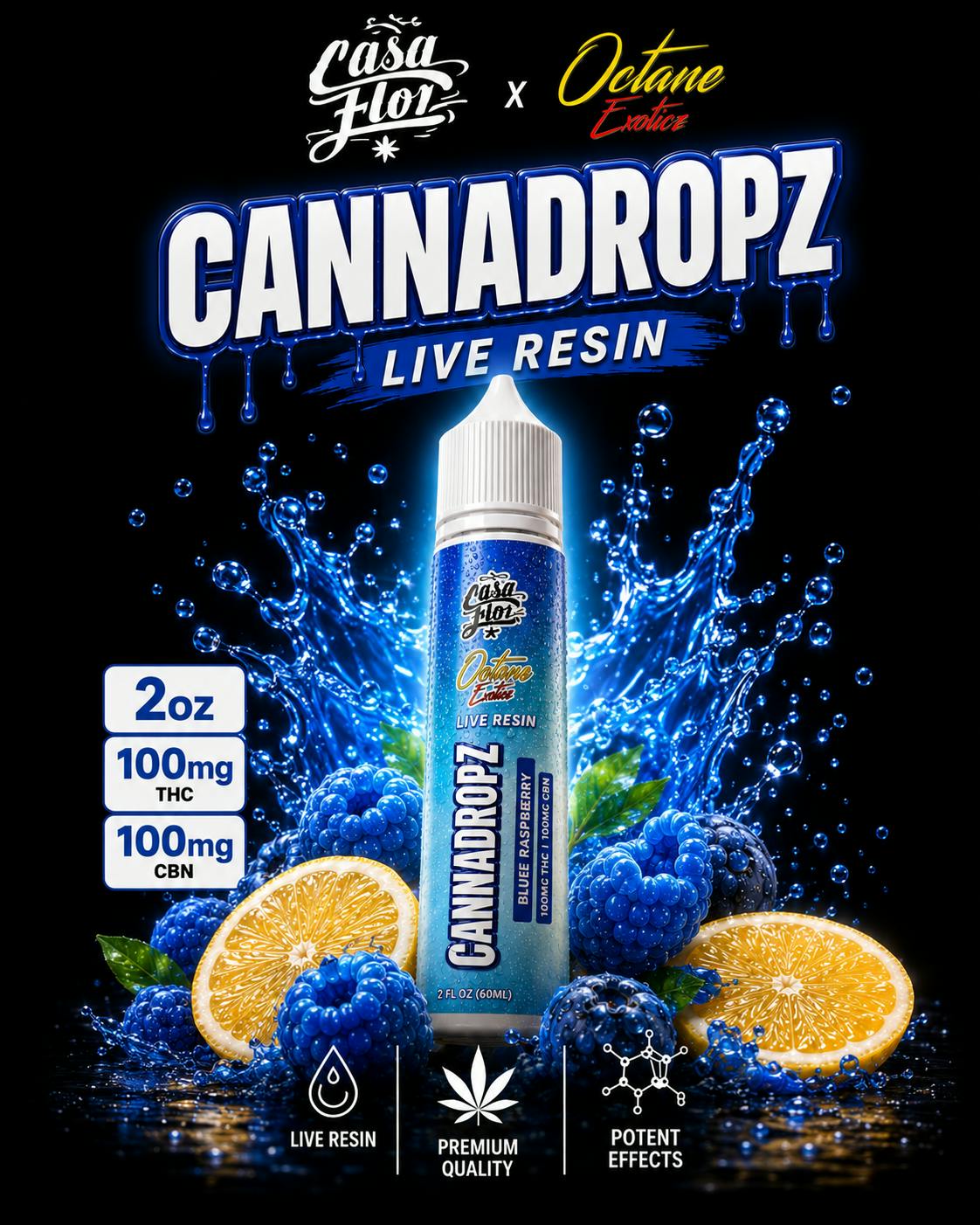 Casa Flor x Octane Exoticz | CannaDropz | Blue Raspberry | 1:1THC:CBN | 2oz