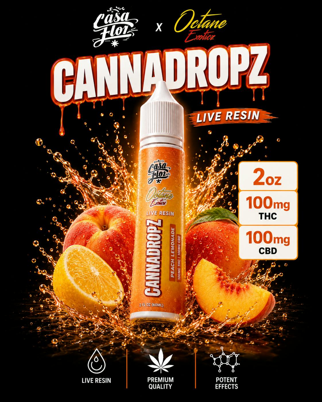 Casa Flor x Octane Exoticz | CannaDropz | Peach Lemonade | 1:1THC:CBD | 2oz