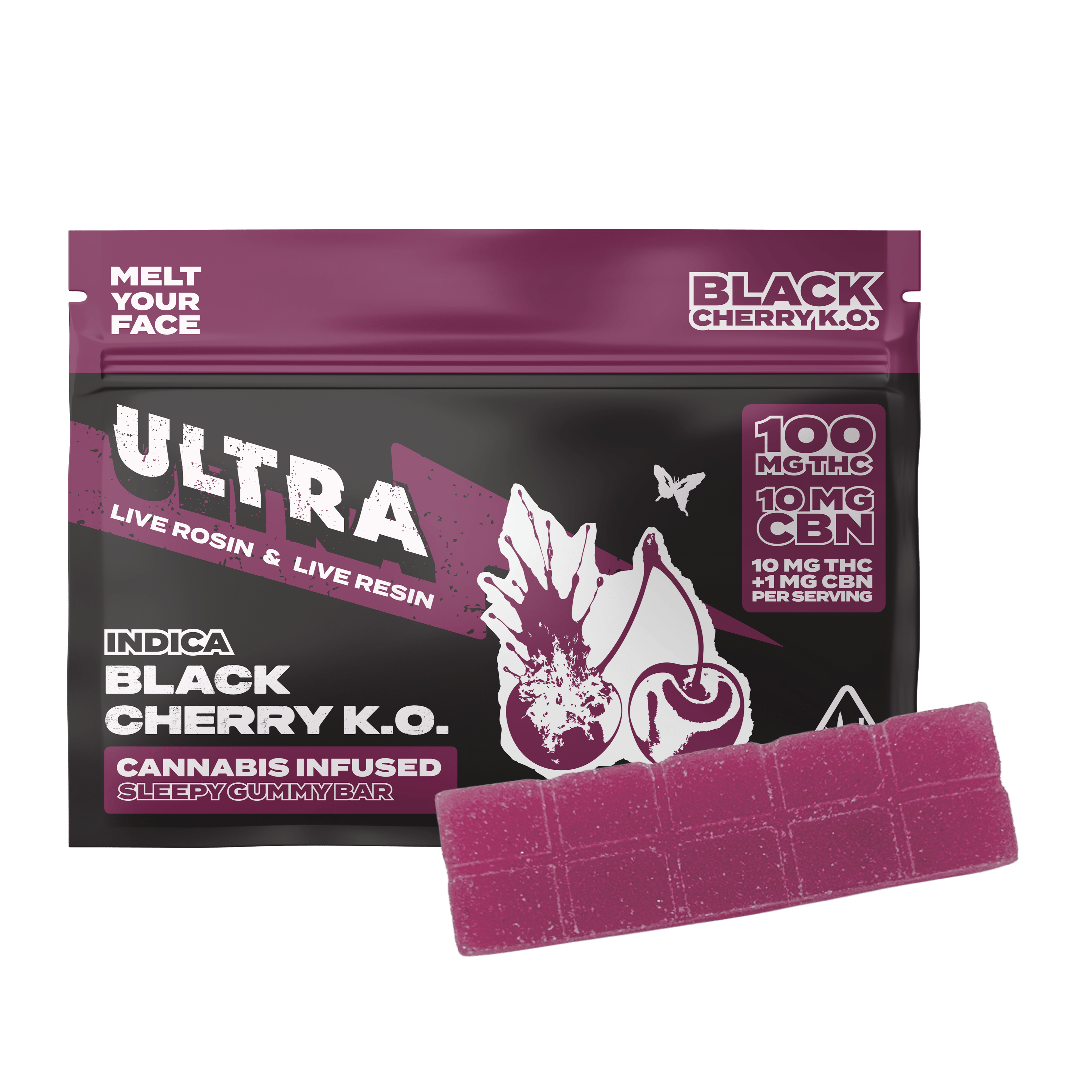 Ultra - Black Cherry K.O. THC/CBN - Live Rosin/Live Resin Gummy Bar - 100mg