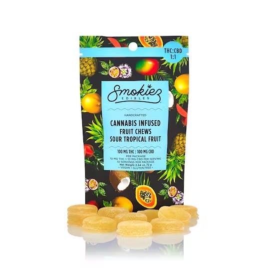 SOUR TROPICAL Fruit Gummies 1:1 THC:CBD | 100mg |10ct | 10mg/ea by Smokiez Edibles