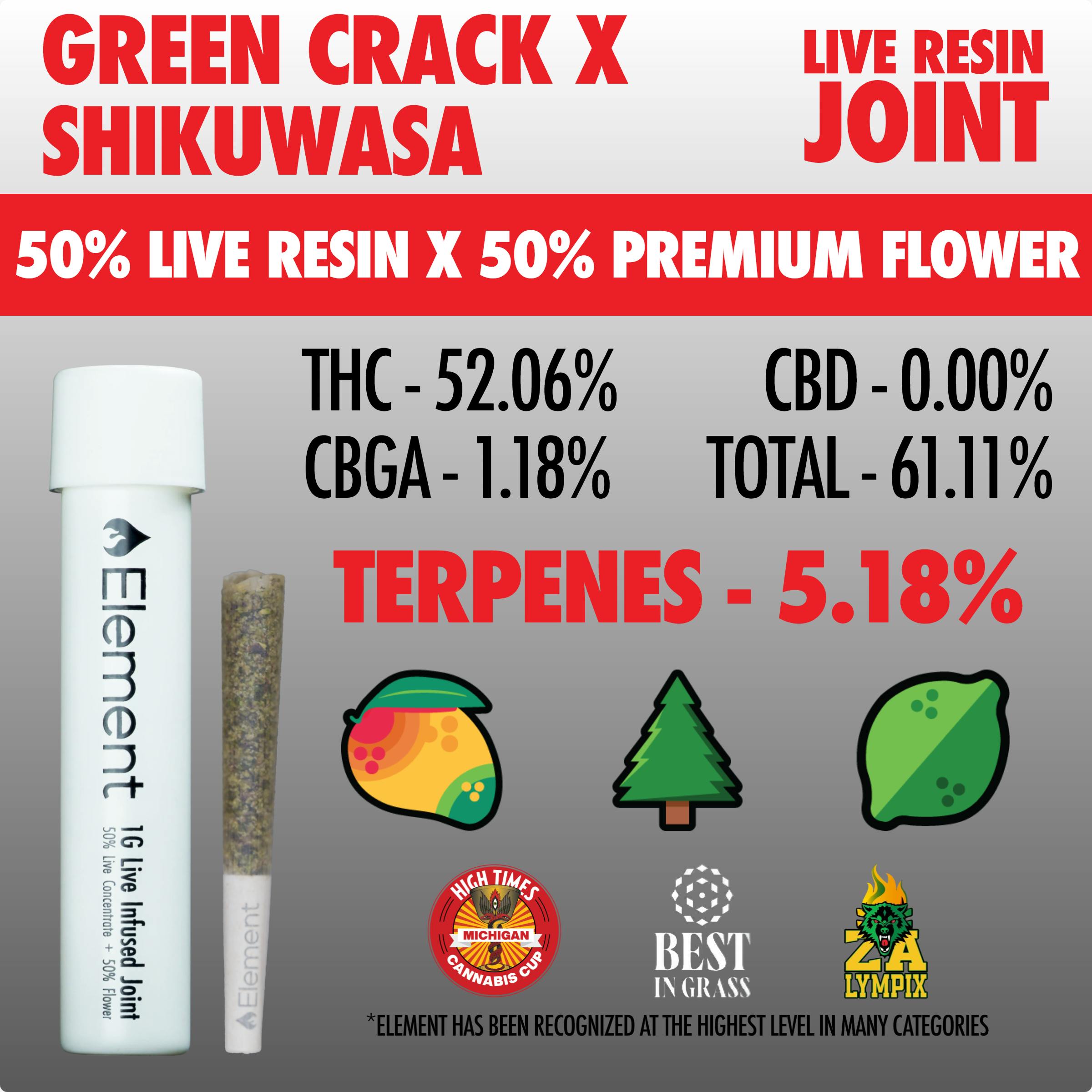 Element x Bud Hub - Live Resin Joint 1g - Green Crack x Shikuwasa by Element