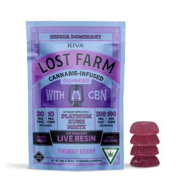 Thorny Berry'Platinum Kush Mintz'2:1THC:CBN Gummies| 200mg | 10ct | 20mg/ea by Lost Farm