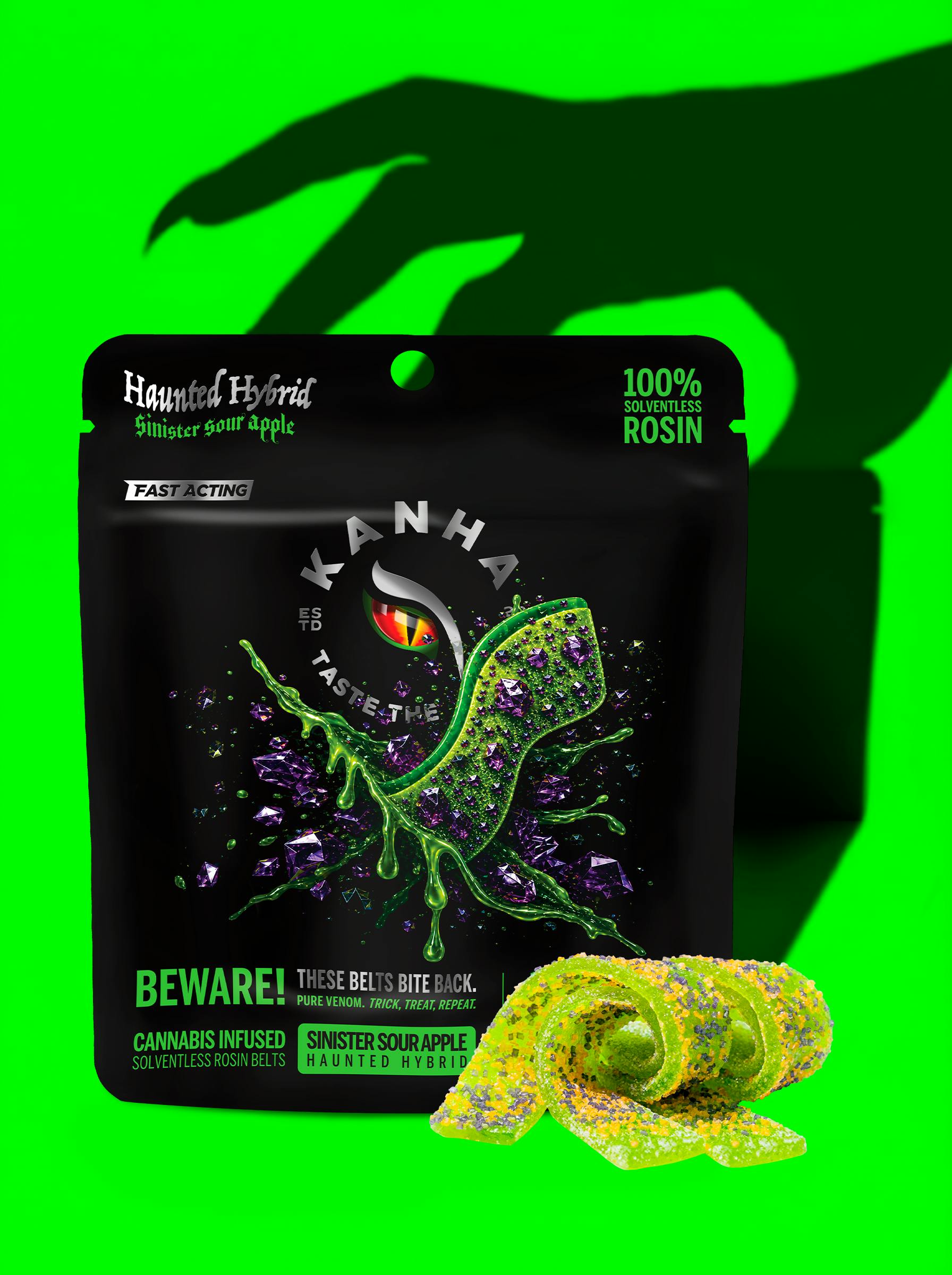 Sinister Sour Apple | Solventless Crunchy Belts | 100mg | 4ct | 25mg/each